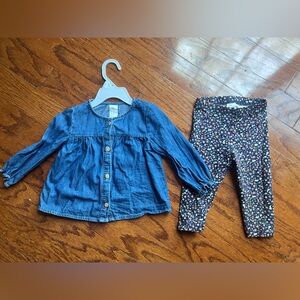 H&M Blue Denim Top with Black Floral Trim